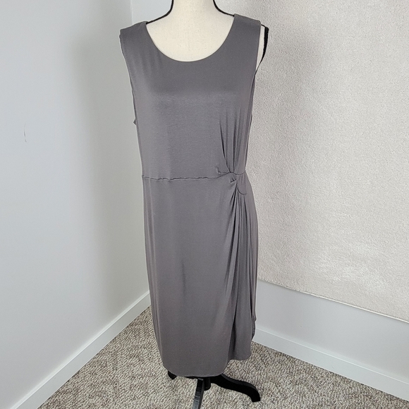 Garnet Hill Brownish/Gray Soft Jersey Knit Faux Wrap Sleeveless Dress Sz 12 - Picture 2 of 11